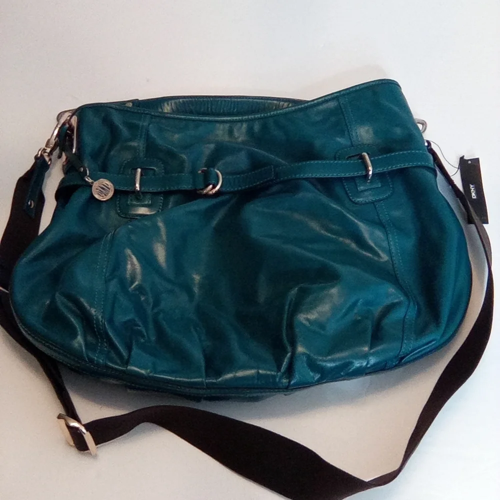 Teal Leather Shoulder Bag with removable Crossbody Strap.